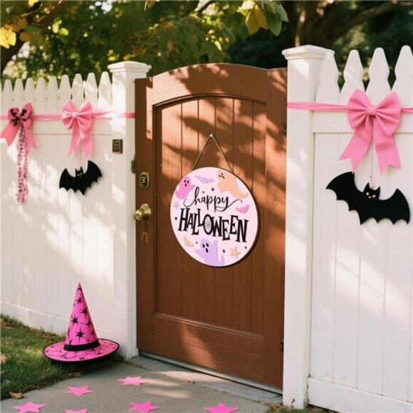 Halloween Ghost Wooden Hanging Sign Pink Spooky Welcome Sign Ghost Bat Door - Picture 5 of 8